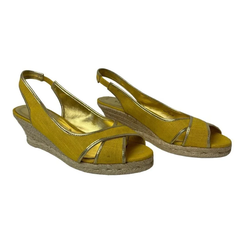 Talbots Lyndsay Yellow Canvas Peep Toe Sling Back Espadrille‎ Wedge Size 9.5